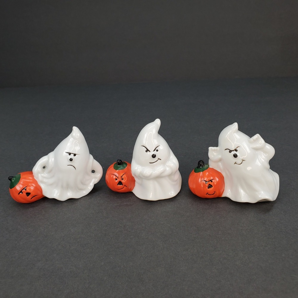 Halloween Ceramic Ghost Pumpkin Figurine Set 3 Piece Expressive Spooky Decor